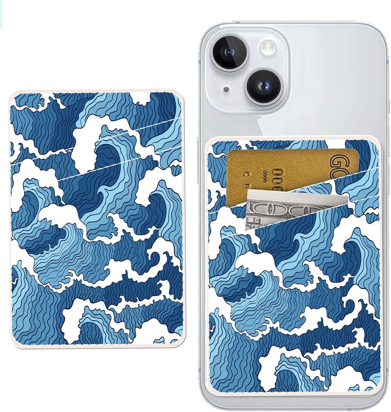AOHRO Dual Pocket Leather Phone Wallet Adhesive Stick On, Cute Card Holder for Most Phone Cases - Blue Sea - Image 1